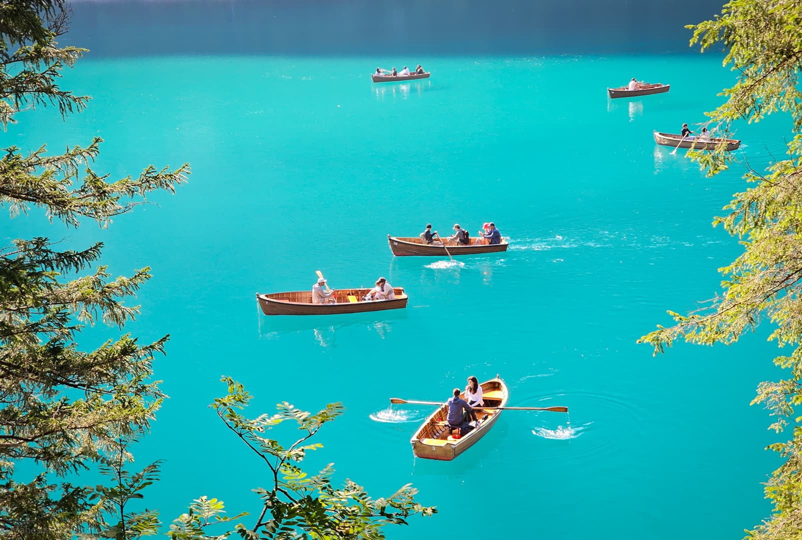 Lago Braies, rowboats on turquoise water